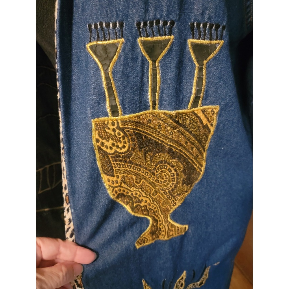 Vintage Pnina Woman African Long Denim Duster Open Front Folk Art Made In India - Picture 4 of 15
